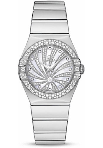 Omega Ladies Constellation Luxury Edition Watch - 27 mm White Gold Case - Snow-Set Diamond Bezel - Mother-Of-Pearl Diamond Dial - 123.55.27.60.55.014