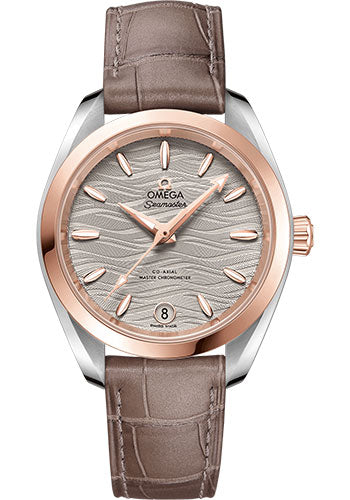 Omega Seamaster Aqua Terra 150M Co-Axial Master Chronometer Watch - 34 mm Steel And Sedna Gold Case - Waved Agate Grey Dial - Taupe-Brown Leather Strap - 220.23.34.20.06.001