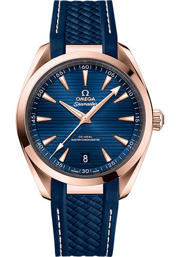 Omega Seamaster Aqua Terra 150M Co-Axial Master Chronometer Watch - 41 mm Sedna Gold Case - Blue Dial - Blue Rubber Strap - 220.52.41.21.03.001