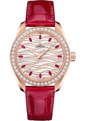 Omega Seamaster Aqua Terra 150M Omega Co-Axial Master Chronometer - 34 mm Sedna Gold Case - Diamond Bezel - White Diamond Wave Ruby Dial - Glossy Red Leather Strap - 220.58.34.20.99.004