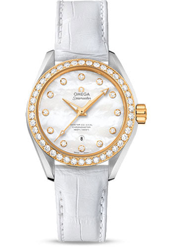 Omega Seamaster Aqua Terra 150 M Master Co-Axial Watch - 34 mm Steel Case - Yellow Gold Bezel - Mother-Of-Pearl Diamond Dial - White Leather Strap - 231.28.34.20.55.004