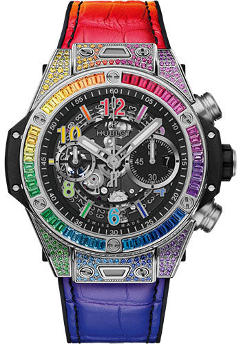 Hublot Big Bang Unico Titanium Rainbow Watch - 44 mm - Black Skeleton Dial - Black Rubber and Multicolored Leather Strap - 421.NX.1117.LR.0999