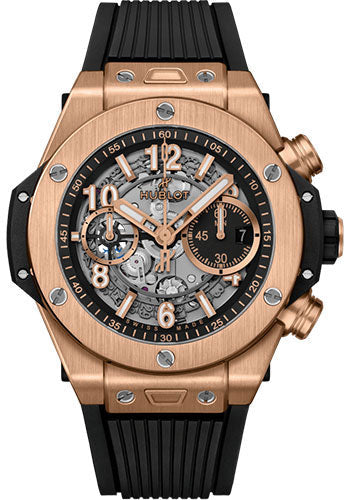 Hublot Big Bang Unico King Gold Watch - 44 mm - Black Skeleton Dial - Black Rubber Strap - 421.OX.1180.RX