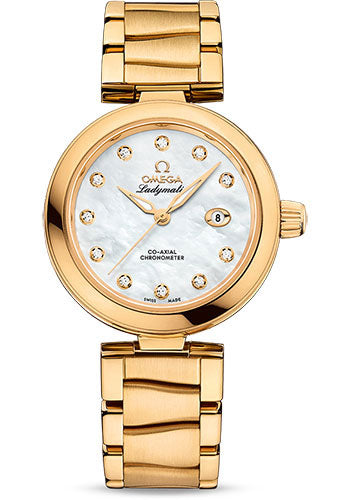 Omega De Ville Ladymatic Omega Co-Axial Watch - 34 mm Yellow Gold Case - White Diamond Dial - 425.60.34.20.55.003