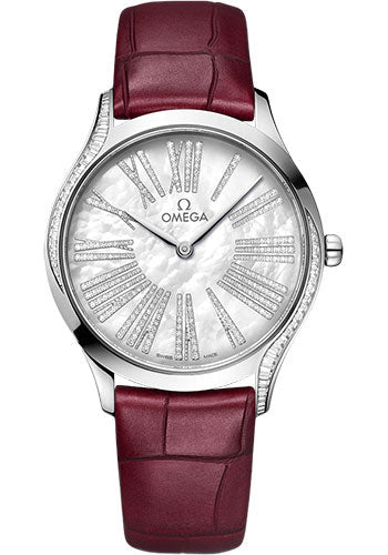 Omega De Ville Tresor Quartz - 36 mm Canopus Gold Case - White Pearled Mother-Of-Pearl Dial - Red Garnet Leather Strap - 428.58.36.60.55.001