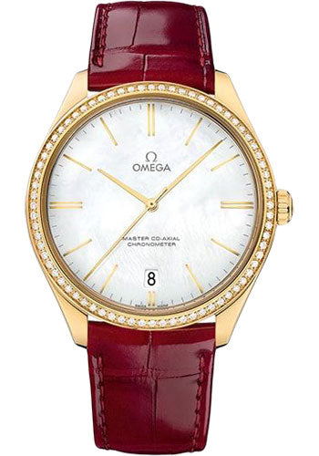 Omega De Ville Tresor Master Co-Axial Watch - 40 mm Yellow Gold Case - Diamond-Set Bezel - Domed Mother-Of-Pearl Dial - Red Leather Strap - 432.58.40.21.05.004