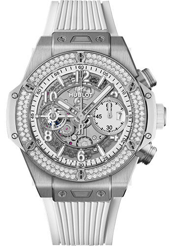 Hublot Big Bang Unico Titanium White Diamonds Watch - 42 mm - White Dial - White Rubber Strap - 441.NE.2011.RW.1104