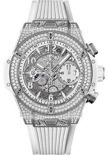 Hublot Big Bang Unico Titanium White PavŽ Watch - 42 mm - White Skeleton Dial - White Rubber Strap - 441.NE.2011.RW.1704