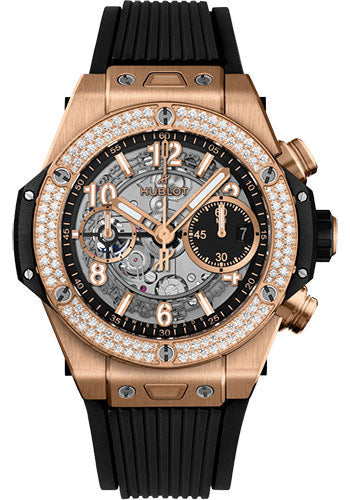 Hublot Big Bang Unico King Gold Diamonds Watch - 42 mm - Black Skeleton Dial - Black Rubber Strap - 441.OX.1181.RX.1104