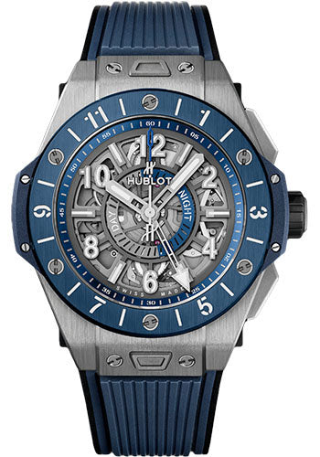 Hublot Big Bang Unico Gmt Titanium Blue Ceramic Watch - 45 mm - Blue And Anthracite Grey Skeleton Dial - 471.NL.7112.RX