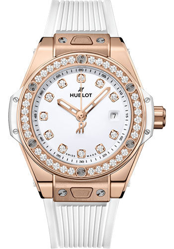 Hublot Big Bang One Click King Gold White Diamonds Watch - 33 mm - White Dial - White Rubber Strap - 485.OE.2210.RW.1204