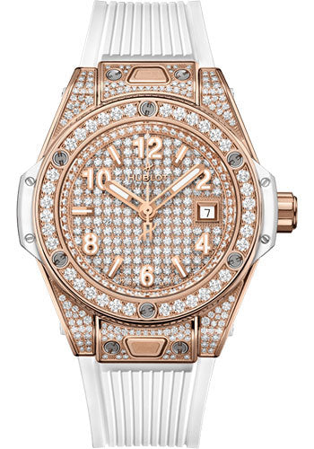 Hublot Big Bang One Click King Gold White Full PavŽ Watch - 33 mm - Gem Set Dial - White Rubber Strap - 485.OE.9000.RW.1604