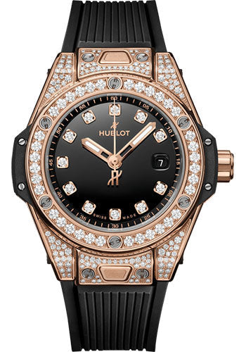 Hublot Big Bang One Click King Gold PavŽ Watch - 33 mm - Black Dial - Black Rubber Strap - 485.OX.1280.RX.1604