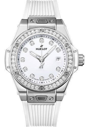 Hublot Big Bang One Click Steel White Diamonds Watch - 33 mm - White Dial - White Rubber Strap - 485.SE.2210.RW.1204