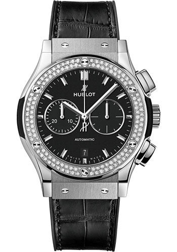 Hublot Classic Fusion Chronograph Titanium Diamonds Watch - 42 mm - Black Dial - Black Rubber and Leather Strap - 541.NX.1171.LR.1104