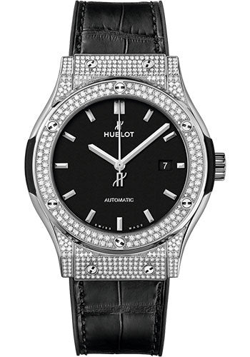 Hublot Classic Fusion Titanium PavŽ Watch - 42 mm - Black Dial - Black Rubber and Leather Strap - 542.NX.1171.LR.1704