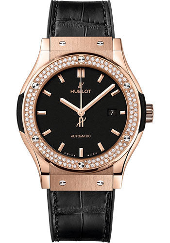 Hublot Classic Fusion King Gold Diamonds Watch - 42 mm - Black Dial - Black Rubber and Leather Strap - 542.OX.1181.LR.1104