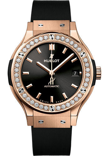 Hublot Classic Fusion King Gold Diamonds Watch - 38 mm - Black Dial - Black Lined Rubber Strap - 565.OX.1480.RX.1204