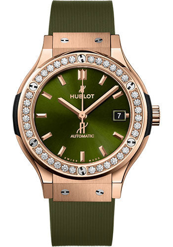 Hublot Classic Fusion King Gold Green Diamonds Watch - 38 mm - Green Dial - Green Lined Rubber Strap - 565.OX.8980.RX.1204