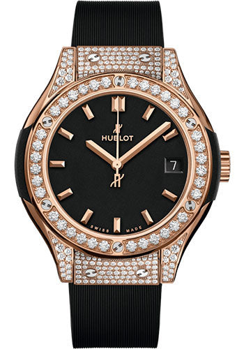 Hublot Classic Fusion King Gold PavŽ Watch - 33 mm - Black Dial - Black Rubber and Leather Strap - 581.OX.1181.RX.1704