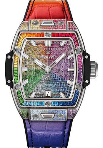 Hublot Spirit of Big Bang Titanium Rainbow Watch - 39 mm - Gem Set Dial - Black Rubber and Multicolored Leather Strap - 662.NX.9900.LR.0999