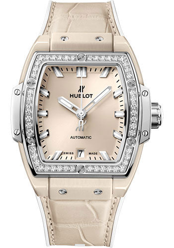 Hublot Spirit of Big Bang Beige Ceramic Titanium Diamonds Watch - 39 mm - Beige Dial - White Rubber and Beige Alligator Strap - 665.CZ.891B.LR.1204