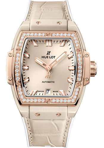 Hublot Spirit of Big Bang Beige Ceramic King Gold Diamonds Watch - 39 mm - Beige Dial - White Rubber and Beige Alligator Strap - 665.CZ.898B.LR.1204