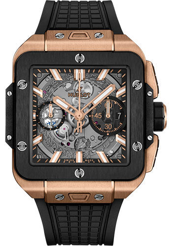 Hublot Square Bang Unico King Gold Ceramic Watch - 42 mm - Sapphire Crystal Dial - Black Structured Rubber Strap - 821.OM.0180.RX