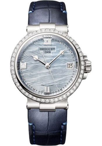 Breguet Marine Dame 9518 - White Gold Case - Marea Motif Mother-Of-Pearl Dial - Blue Leather Strap - 9518BB/V2/984/D000