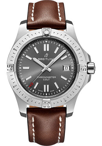 Breitling Colt 41 Automatic Watch - Steel - Tempest Gray Dial - Brown Leather Strap - Folding Buckle - A17313101F1X3