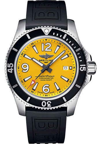 Breitling Superocean Automatic 44 Watch - Stainless Steel - Yellow Dial - Black Rubber Strap - Tang Buckle - A17367021I1S1