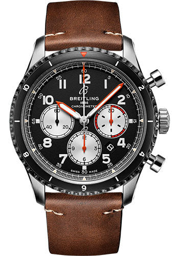 Breitling Aviator 8 B01 Chronograph 43 Mosquito Watch - Stainless Steel - Black Dial - Brown Calfskin Leather Strap - Folding Buckle - AB01194A1B1X2