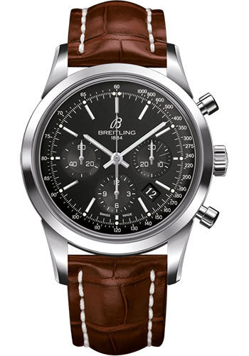 Breitling Transocean Chronograph Watch - Steel - Black Dial - Gold Croco Strap - Folding Buckle - AB015212/BA99/738P/A20D.1