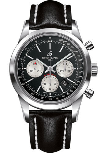 Breitling Transocean Chronograph Watch - Steel - Black Dial - Black Leather Strap - Tang Buckle - AB015212/BF26/435X/A20BA.1