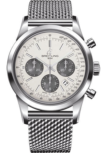 Breitling Transocean Chronograph Watch - Steel - Mercury Silver Dial - Steel Bracelet - AB0152121G1A1