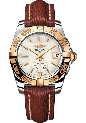 Breitling Galactic 36 Automatic Watch - Steel and 18K Rose Gold - Mother-Of-Pearl Dial - Brown Calfskin Leather Strap - Tang Buckle - C37330121A1X1