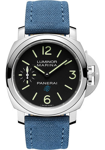 Panerai Luminor Logo - 44mm - Brushed Steel - Black Dial - Blue Canvas Strap - PAM00777