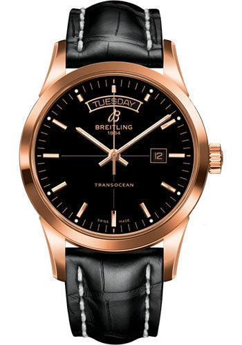 Breitling Transocean Day & Date Watch - 18k Red Gold - Black Dial - Black Croco Strap - Tang Buckle - R45310121B1P1