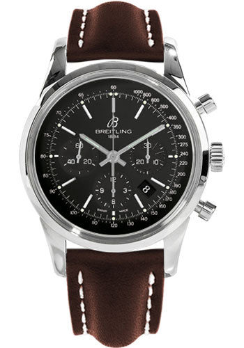 Breitling Transocean 01 Chronograph Watch - 43mm Steel Case - Black Dial - Brown Leather Strap - AB015212/BA99/438X/A20D.1