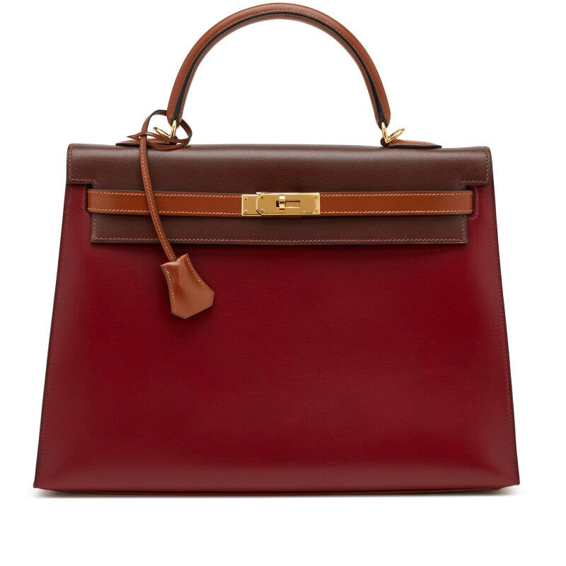 Rouge H, Marron Fonce, and Noisette Box Calf Kelly 35 Bag Gold Hardware, 2002