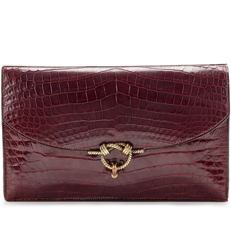 Burgundy Crocodile Cordeliere Clutch Gold Hardware, 1957