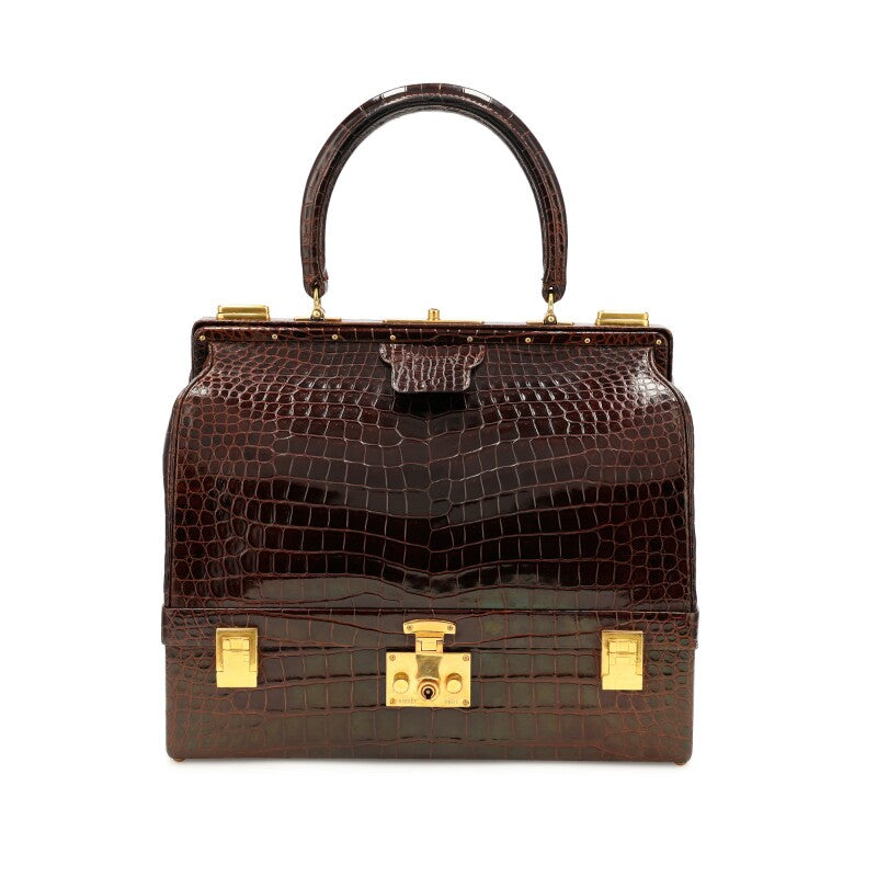 Marron Fonce Shiny Crocodile Mallette Gold Hardware, 1971