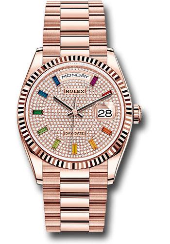 Rolex Everose Gold Day-Date 36 Watch - Fluted Bezel - Diamond-Paved Rainbow Sapphire Dial - President Bracelet - 128235 dprsp